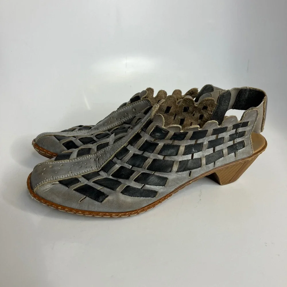 Rieker gray woven leather‎ sling back shoes heels women's size 37 6.5 boho